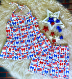 Peplum/Shorts Set ~ RWB Bows & Flags Lattice