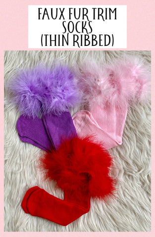 Faux Fur Trim Socks (Thin Ribbed)   *please read description*