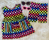 Bowback Pocket Dress ~ Neon Chex