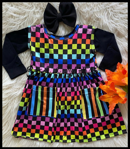 Bowback Pocket Dress ~ Neon Chex