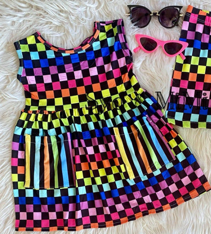 Bowback Pocket Dress ~ Neon Chex