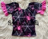 2 left! 2/3 & 4/5yr ~ Ruffle Sleeve Top ~ Pink Spiders