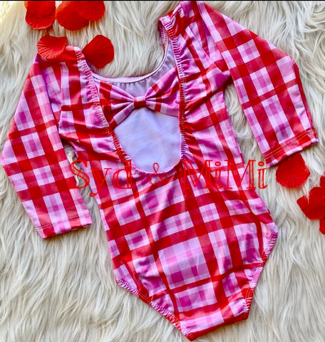 2 left! 5/6 & 6/7yr~ Leotard-L/S Bowback -Valentine’s Plaid